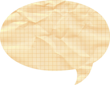Crumpled graph paper speech bubble icon representing vintage communication and social media message cloud made of wrinkled yellowed squared parchment paper