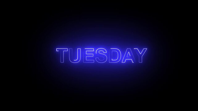 Glowing blue neon sign with the word Tuesday isolated on a black background.