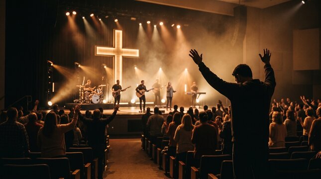 Congregation worshipping during a contemporary church service with a cross in the background