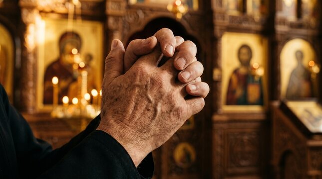 Close-up of elderly hands clasped together in prayer inside an Orthodox church