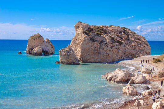 Scenic touristic destination of 'Petra tou Romiou' or 'Aphrodite's Rock' beach on the island of Cyprus