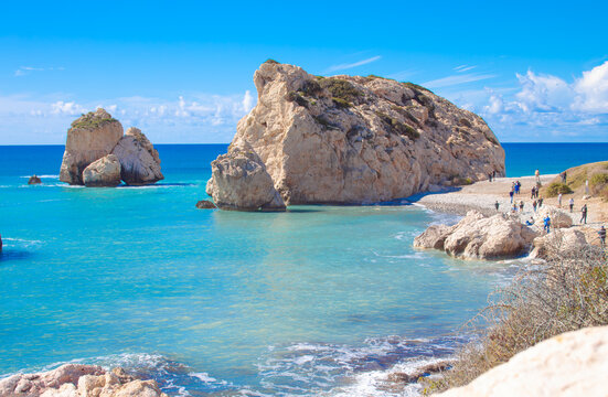 Scenic touristic destination of 'Petra tou Romiou' or 'Aphrodite's Rock' beach on the island of Cyprus