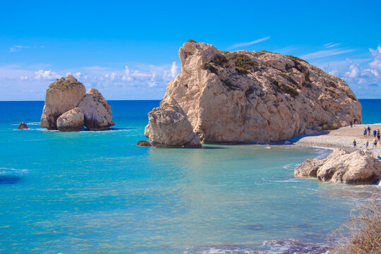 Scenic touristic destination of 'Petra tou Romiou' or 'Aphrodite's Rock' beach on the island of Cyprus