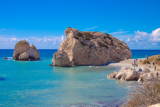 Scenic touristic destination of 'Petra tou Romiou' or 'Aphrodite's Rock' beach on the island of Cyprus