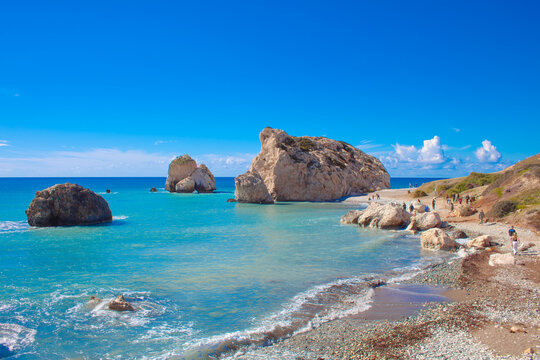 Scenic touristic destination of 'Petra tou Romiou' or 'Aphrodite's Rock' beach on the island of Cyprus