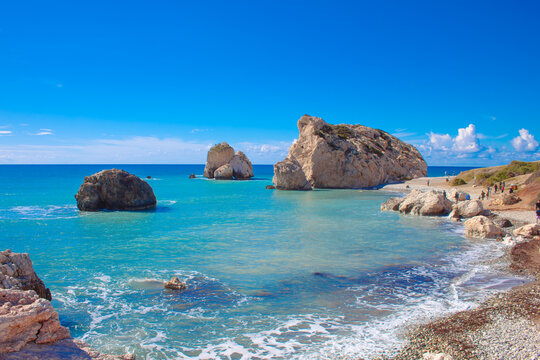 Scenic touristic destination of 'Petra tou Romiou' or 'Aphrodite's Rock' beach on the island of Cyprus