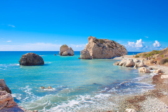 Scenic touristic destination of 'Petra tou Romiou' or 'Aphrodite's Rock' beach on the island of Cyprus