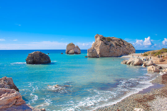 Scenic touristic destination of 'Petra tou Romiou' or 'Aphrodite's Rock' beach on the island of Cyprus