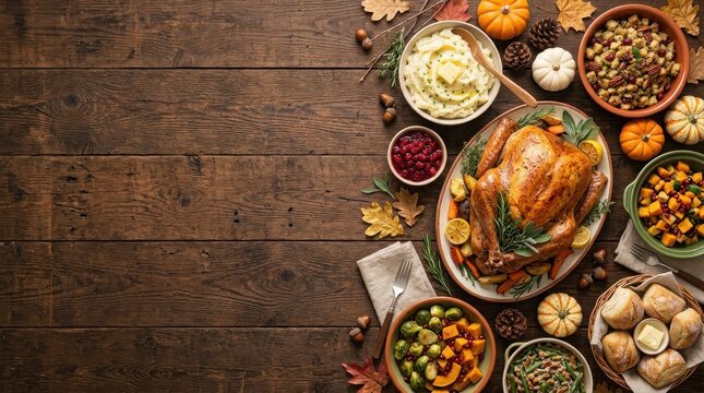 Thanksgiving Day Thanksgiving dinner table with roasted turkey and autumn decorations