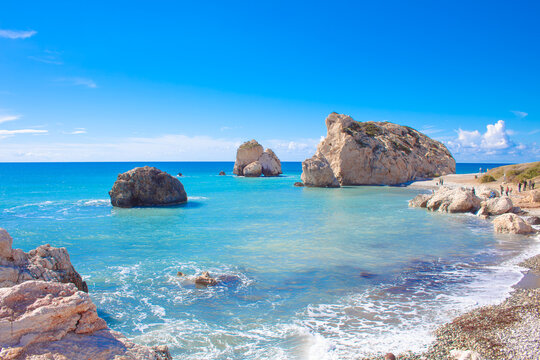 Scenic touristic destination of 'Petra tou Romiou' or 'Aphrodite's Rock' beach on the island of Cyprus