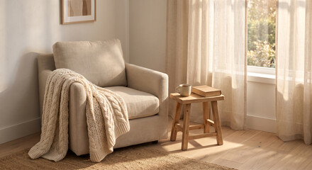 Fototapeta premium Cozy Reading Nook with Armchair and Knit Blanket by the Window