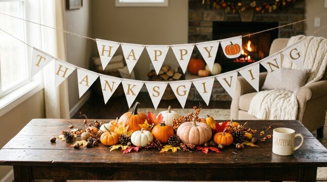 Thanksgiving Day Cozy Thanksgiving living room with bunting and pumpkin decorations