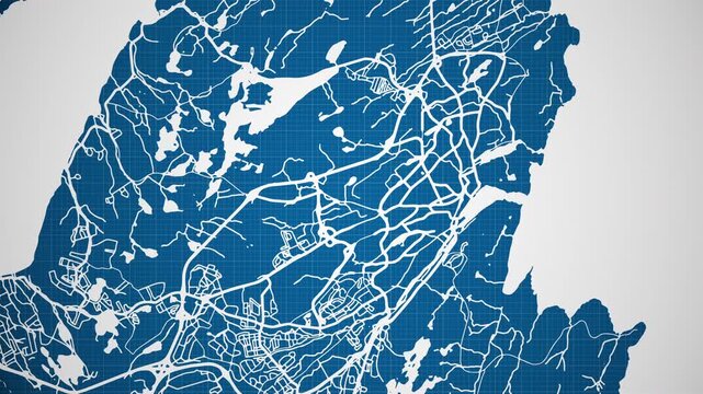 Ink reveal animation of St John's city, Newfoundland (NL), Canada grid map. Aerial top view. Blueprint style. White lines with blue background. 4K Seamless loop.