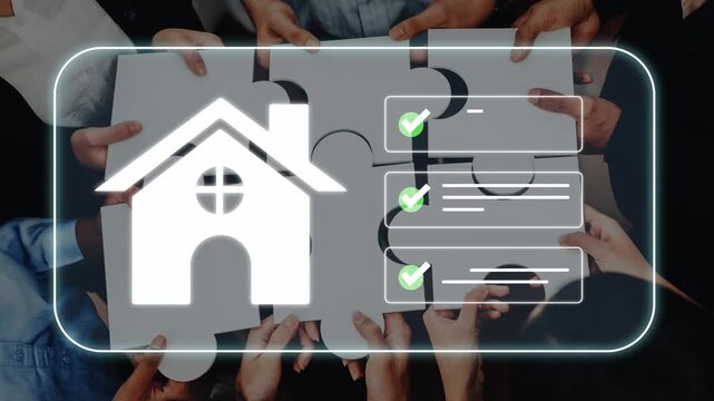 Collaborative Teamwork in Real Estate Puzzle Concept with Hands Holding Pieces and House Icon for Business, Strategy, and Innovation Themes Gluon.