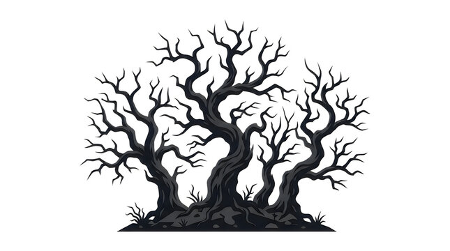 Grim dead tree on white. Twisted spooky nature for game levels. Dark fantasy elements. isolated on Transparent Background