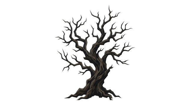 Bare tree with twisted branches stands isolated against a clean white background.