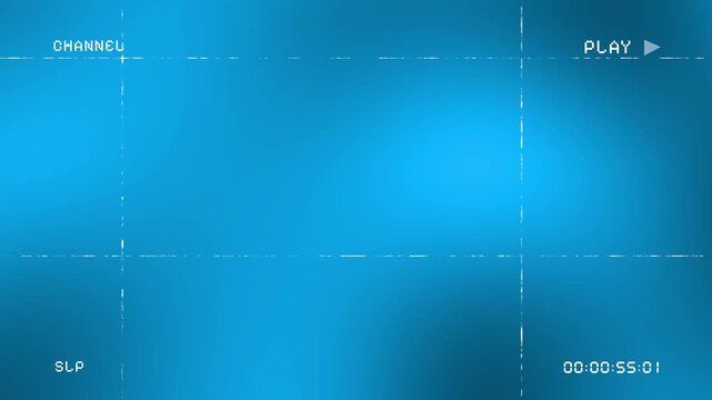 Retro VHS overlay with blue light leaks and analog glitch effects on a black background featuring a timecode and play indicator for cinematic video transitions
