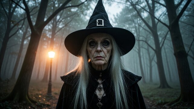 Mysterious, ancient witch stands alone in a misty forest at dusk