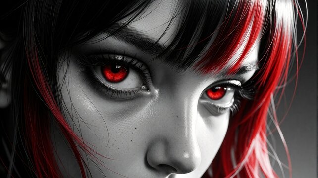 Mysterious woman with glowing red eyes and dramatic red hair streaks