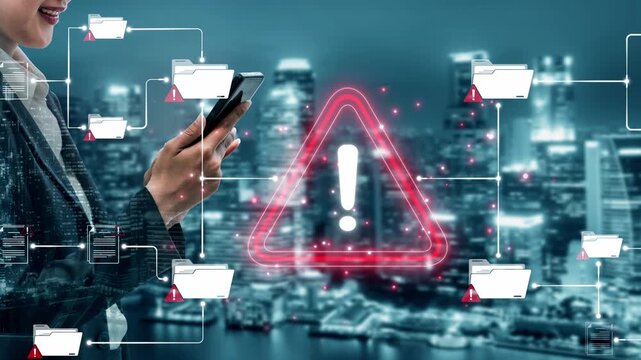 Businesswoman using smartphone amid digital alert symbol with city skyline background emphasizing technology and security concepts in modern communication Sigmoid