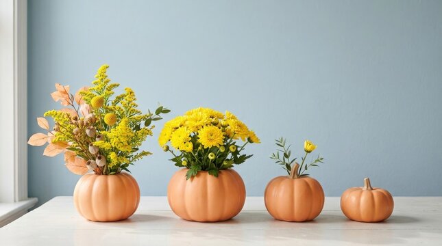 Thanksgiving Day Autumnal floral arrangements in orange pumpkins on a white wooden table against a blue wall
