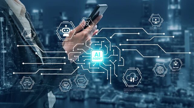 Hands using smartphone with AI technology overlay, digital transformation concept with circuit patterns and city skyline background at night Gluon.
