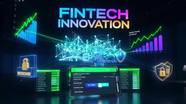 Fintech innovation showing glowing holographic financial data and security padlocks in motion video animation clip technology