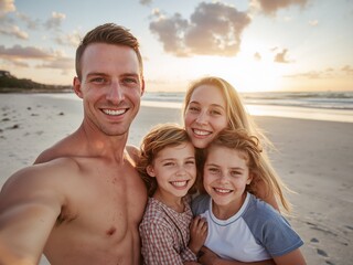 Fototapeta premium Happy family enjoying beach vacation taking selfie at sunset