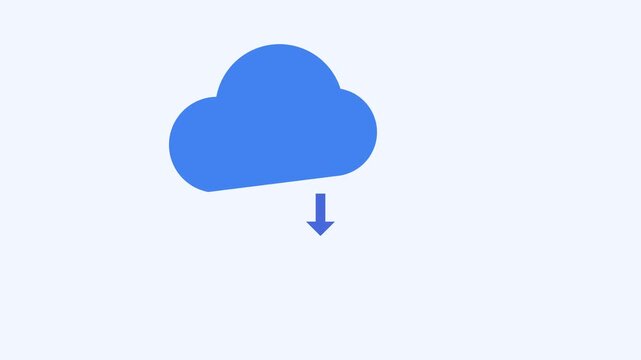 Cloud download animation, blue data storage icon with moving arrow, digital computing concept for web interface and software