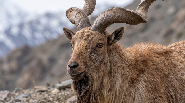 Markhor Mountain Goat Portrait: A majestic Markhor goat, with its magnificent spiral horns and shaggy brown fur, surveys its rocky, mountainous habitat with intense gaze.