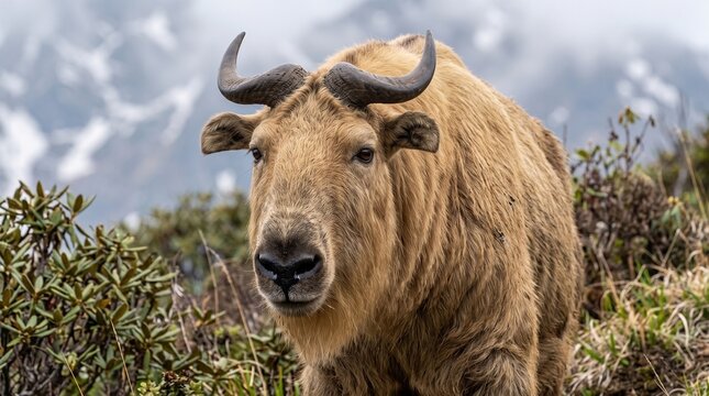 Golden Takin in Misty Mountains: A majestic golden takin, with its shaggy coat and impressive horns, stands resolute on a rocky incline, surrounded by mist-shrouded peaks.