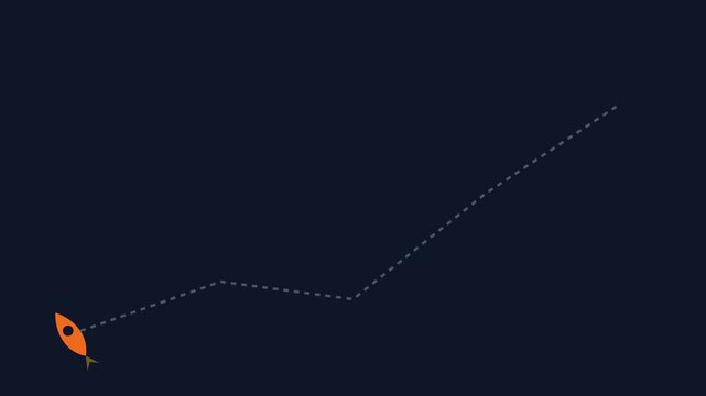 Minimalist fish swimming animation, orange fish following dashed path on dark blue background, simple motion graphic for business growth