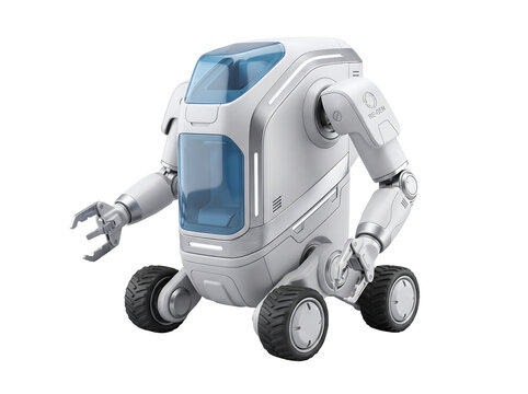 White futuristic exploration robot with wheels and mechanical claw as cut out PNG