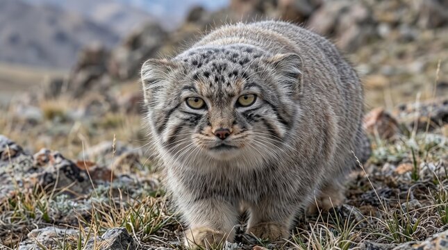 Pallas's Cat in its Natural Habitat: A Pallas's cat, also known as a manul, with its distinctive flattened face, tufted ears, and thick, camouflaged fur, walks across a rocky.