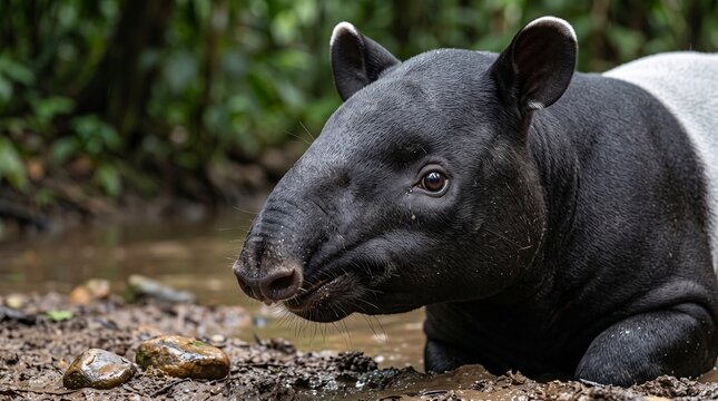 Malayan Tapir in Muddy Waters: A distinctive Malayan tapir, known for its unique black and white coloration, stands partially submerged in muddy water.