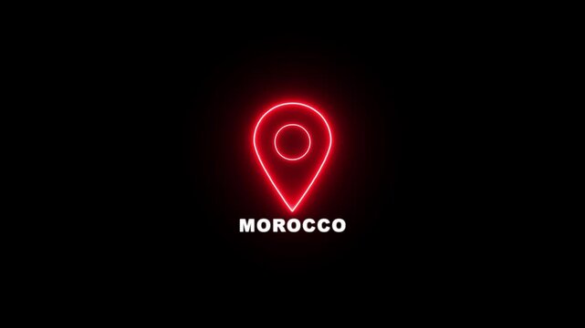 Red neon location pin icon with the text MOROCCO , Country GPS location tracking icon. map pointer navigation and place tracker icon.