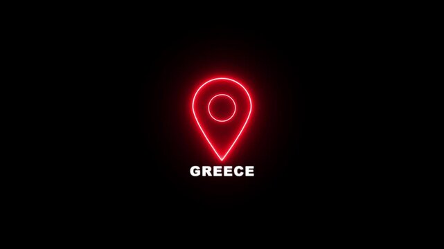 Red neon location pin icon with the text GREECE , Country GPS location tracking icon. map pointer navigation and place tracker icon.