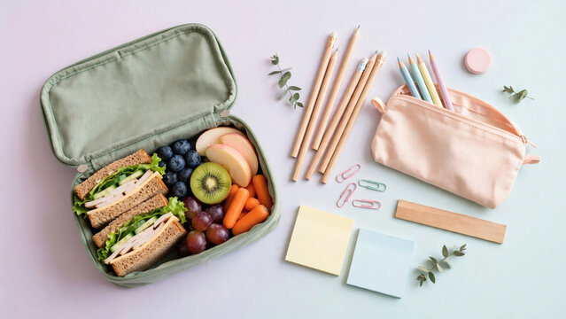 Healthy packed lunch with school supplies flat lay
