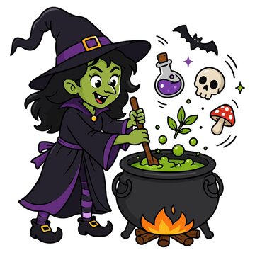 Cartoon Witch Cooking Magic Potion
