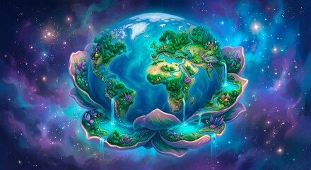 Obraz premium Fantasy illustration of planet earth blooming inside a giant flower with cascading waterfalls, floating in a colorful cosmic space nebula.