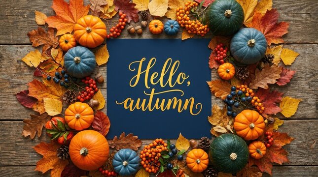 Thanksgiving Day Vibrant autumnal wreath with pumpkins and leaves on wooden background for seasonal design