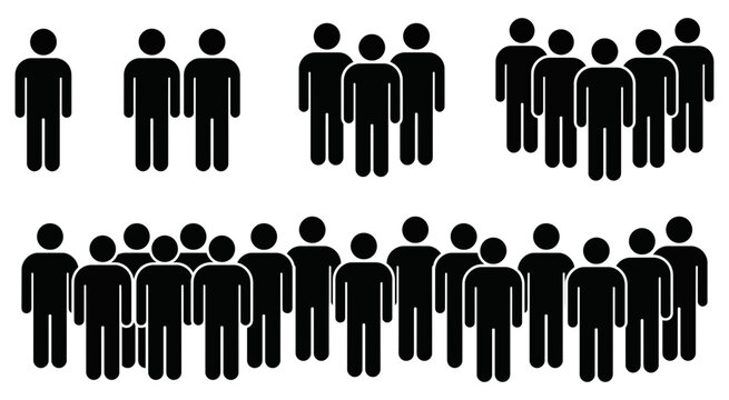 Collection of black human silhouette representing various group sizes, isolated on a white background