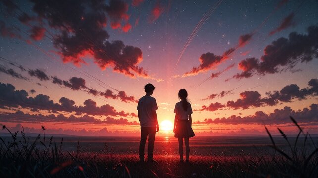 Silhouettes of couple at sunset, peaceful moment together outdoors