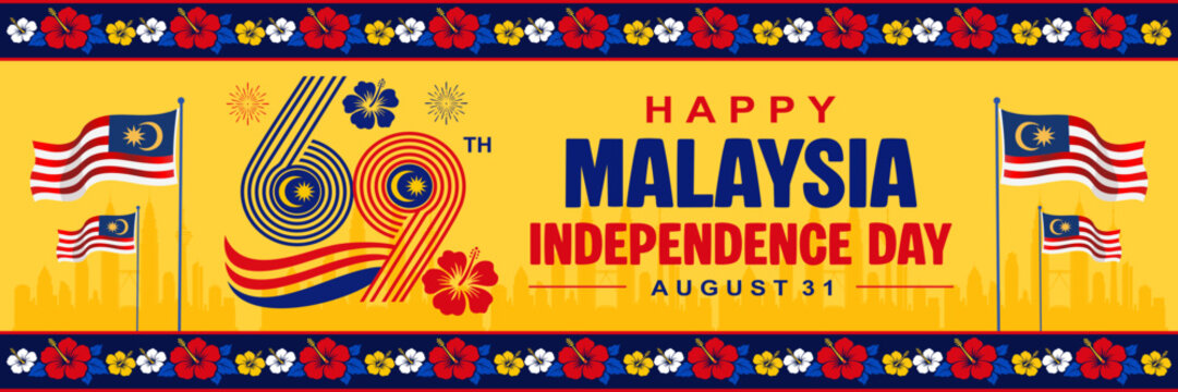 Festive Hari Merdeka August 31 horizontal vector banner featuring 69th anniversary typography, Jalur Gemilang flags, and Bunga Raya.