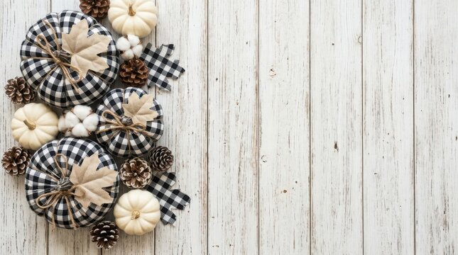 Thanksgiving Day Black and white plaid fabric pumpkins with natural elements on rustic wooden background