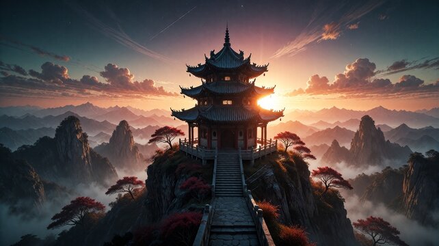 Stunning sunrise over mountain temple surrounded by mist and red foliage