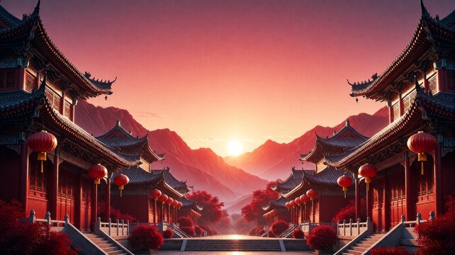 Sunset over ancient Chinese town