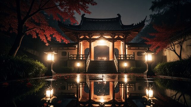 Traditional pavilion at night with glowing lights and autumn red leaves