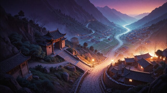 Traditional village nestled in mountains at dusk, lit by soft lanterns