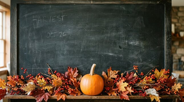 Thanksgiving Day Autumn harvest scene with pumpkin and fall leaves on chalkboard